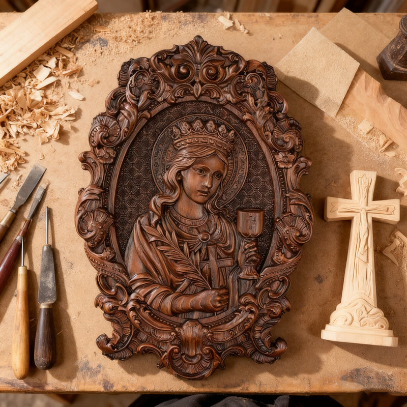 🛡️ Saint Barbara Wood Carving – Handcrafted Devotional Art