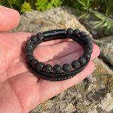Triple Strand Natural Tiger Eye & Lava Rock Braided Leather Men’s Bracelet