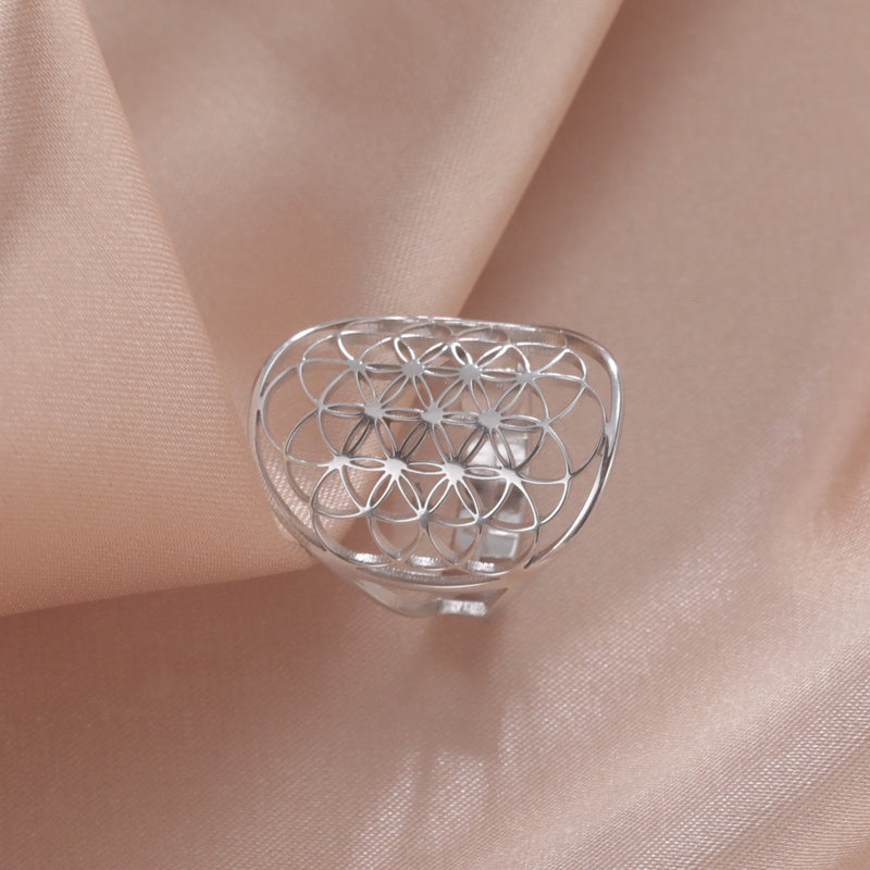 Cutout Flower of Life Mandala Ring for Women Sacred Geometry Ring Statement Stainless Steel Hollowed Out Adjustable Band Ring Jewelry