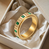 6mm Grooved Square Green CZ Rotatable Spinner Stainless Steel Ring