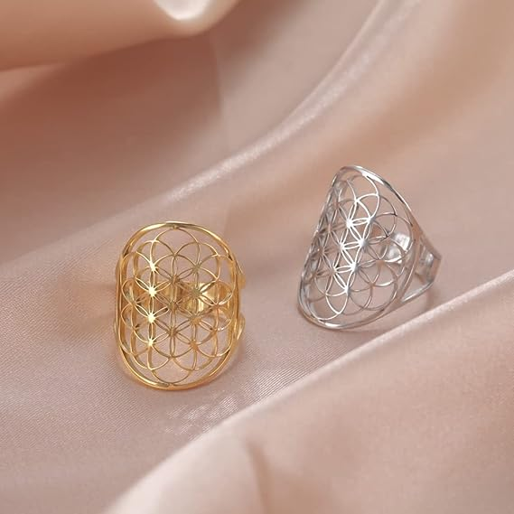 Cutout Flower of Life Mandala Ring for Women Sacred Geometry Ring Statement Stainless Steel Hollowed Out Adjustable Band Ring Jewelry