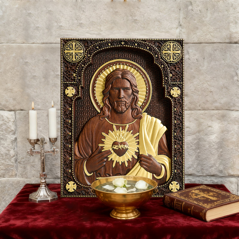 Our Lord Jesus Sacred Heart Wood Carving - Christian Catholic Personalized Carving Gift