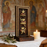 Holy Family Three Sacred Hearts Candlestick Wooden Carved Tabletop Arrangement