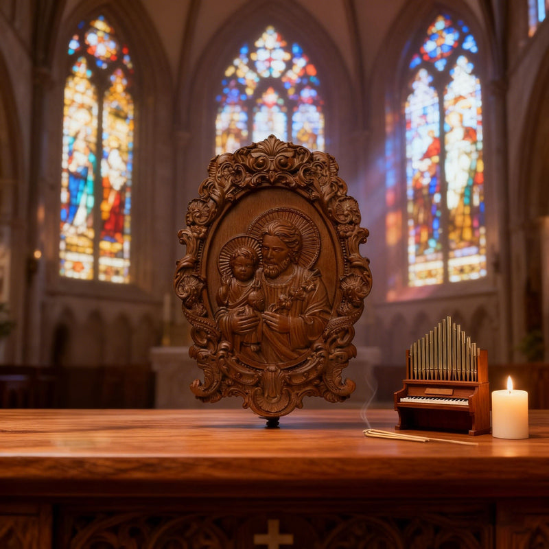 “St. Joseph & Child Jesus” Hand-Carved Wood Icon – A Timeless Christian Gift for Father’s Day & Faithful Homes