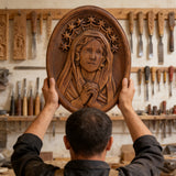 Our Lady in Tears and Prayer with a Nine-Star Halo — Hand-Carved Beechwood Statue
