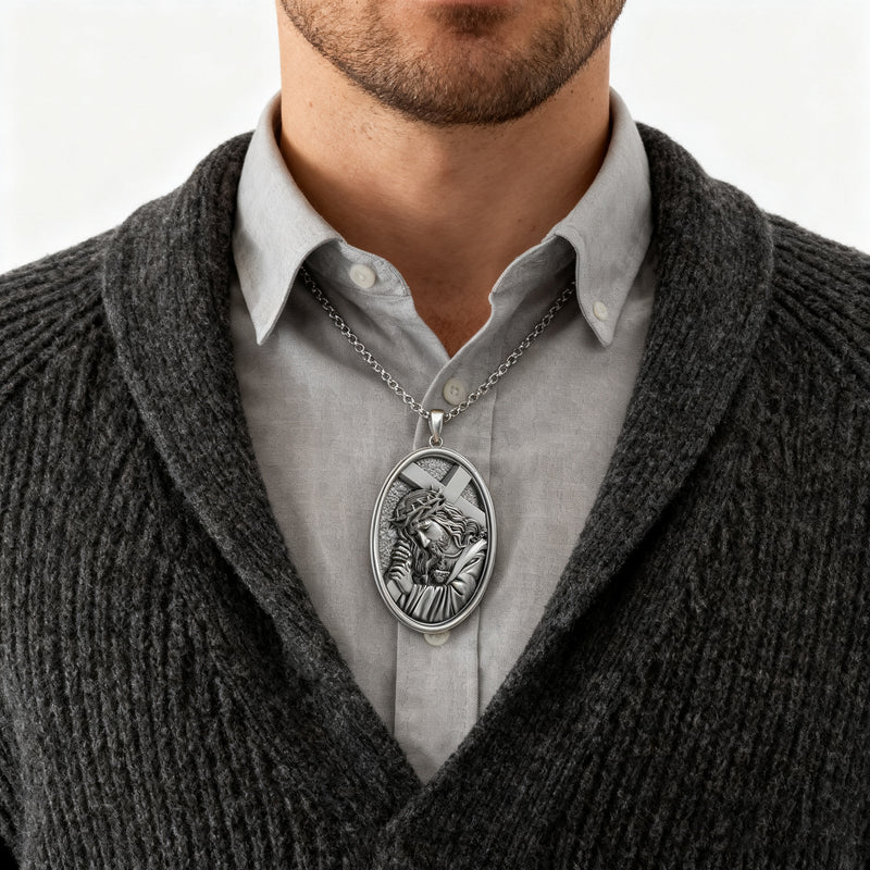 Divine Grace: Jesus Carrying the Cross with Sacred Heart S925 Sterling Silver Pendant Necklace