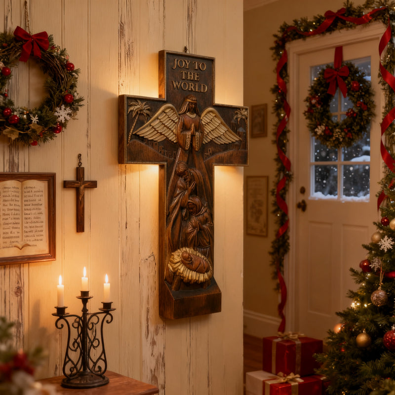 Christmas cross, Nativity cross,Joy to the world wood carving- best Christmas gift