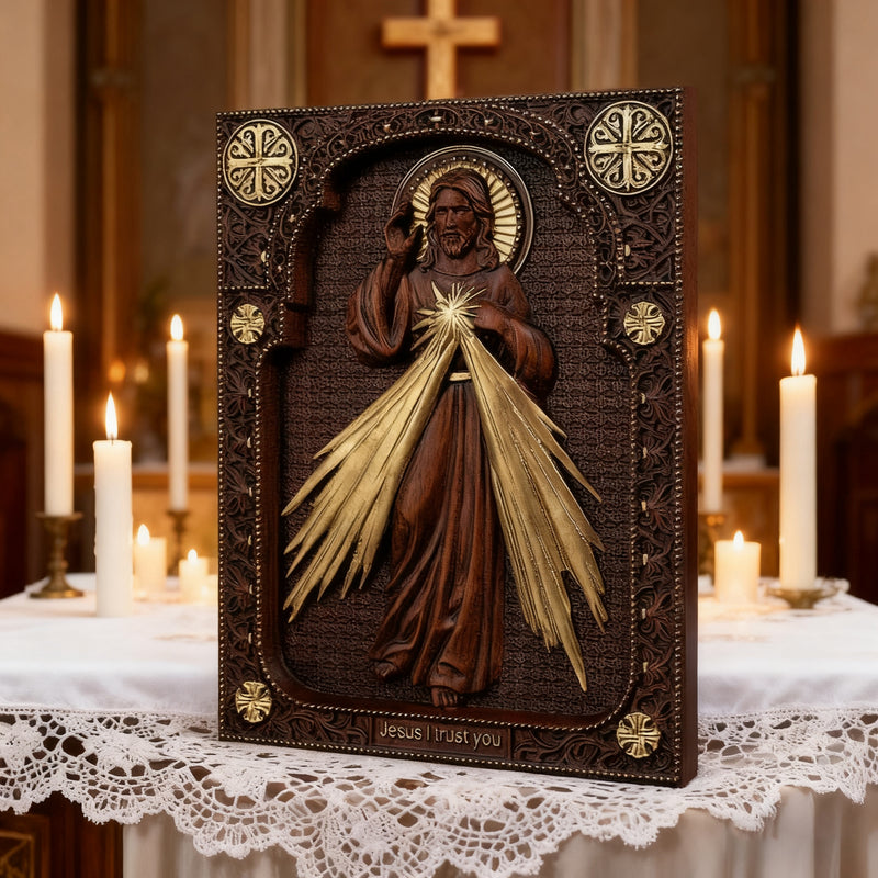 The Sacred Heart and Divine Mercy Jesus Christ Wood Wall Plaque