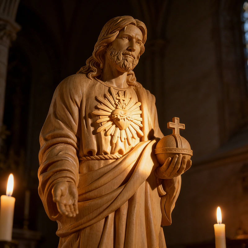 Close-up of Sacred Heart of Jesus wooden statue with warm candlelight