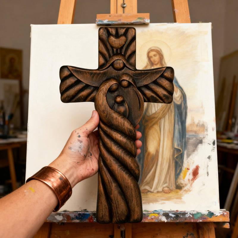 Holy Family wood icon decoration, Joseph, Mary, Baby Jesus, carved wooden cross, wall decoration