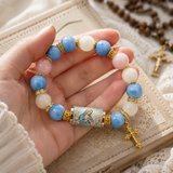 Chalcedony Cross Beaded Bracelet, Vintage Religious Printed Tube Bead Faith Jewelry for Women