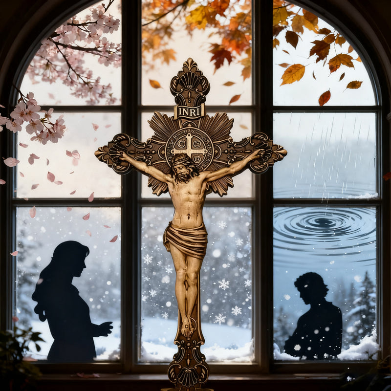 Wood carving of the Cross of the Order of Saint Benedict - with base