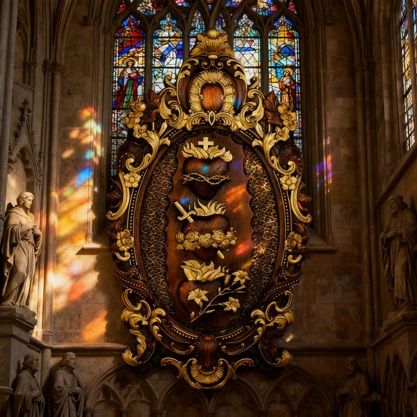 The Holy Family Sacred Hearts Triptych - Hand-Painted Wood Carving