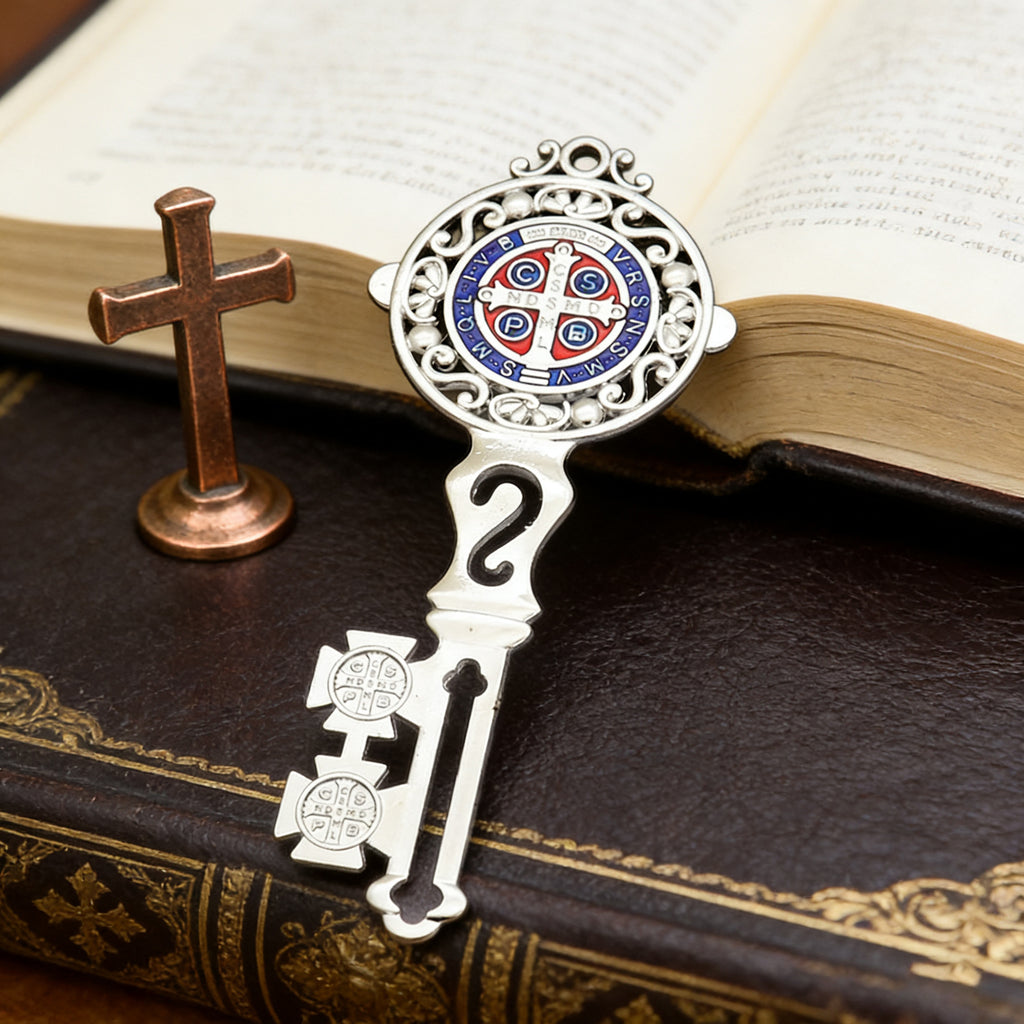 Saint St Benedict Key Shaped Medal Pendant Keychain – Silver & Blue, Christian Religious Gift