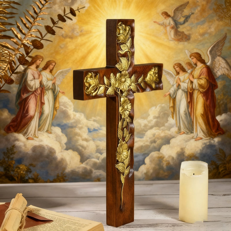 Hand-Carved Rose Cross Wall Art ✝️🌹 | Solid Beechwood Christian Decor with Golden Flowers