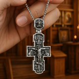 Orthodox S925K Silver Double-Sided Engraved Jesus Christ Crucified and Saints Orthodox Necklace