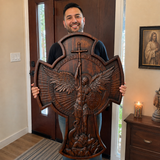 Hand-Carved Beechwood Archangel Michael Wall Cross – Quis Ut Deus Christian Home Decor
