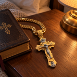 Gold-Plated Copper Crucifix Pendant with Jesus Christ and Religious Figures