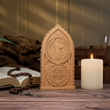 Hand-Carved Beechwood St. Benedict Medal Desktop Ornament