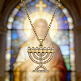Stainless Steel Crystal 7-Branch Menorah Pendant: A Sacred Jewish Heritage Necklace