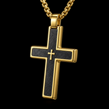 Two-Tone Bevel Edge Carbon Fiber Textured Inlaid Tiny Cross Stainless Steel Necklace
