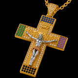 Multicolor Zircon Jesus Crucifix Gold‑Tone Stainless Steel Necklace