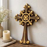 Hand-Carved Beechwood Ornate Cross – Gold Accented Christian Wall Cross