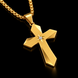 Faceted Eight Point North Star CZ Inlay Stainless Steel Cross Necklace