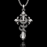 S925 Silver Serpent Cross Pendant Necklace with Green Gemstone