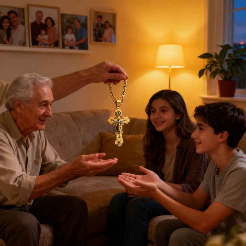 Gold-Plated Copper Crucifix Pendant with Jesus Christ and Religious Figures