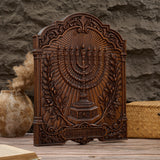 Hand-Carved Beech Wood Menorah & Olive Tree Plaque – Jewish Faith Home Décor