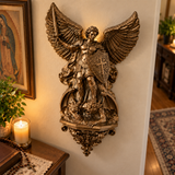 St. Michael the Archangel Battery-Powered Wall Lamp — Antique Bronze Resin Christian Home Decor