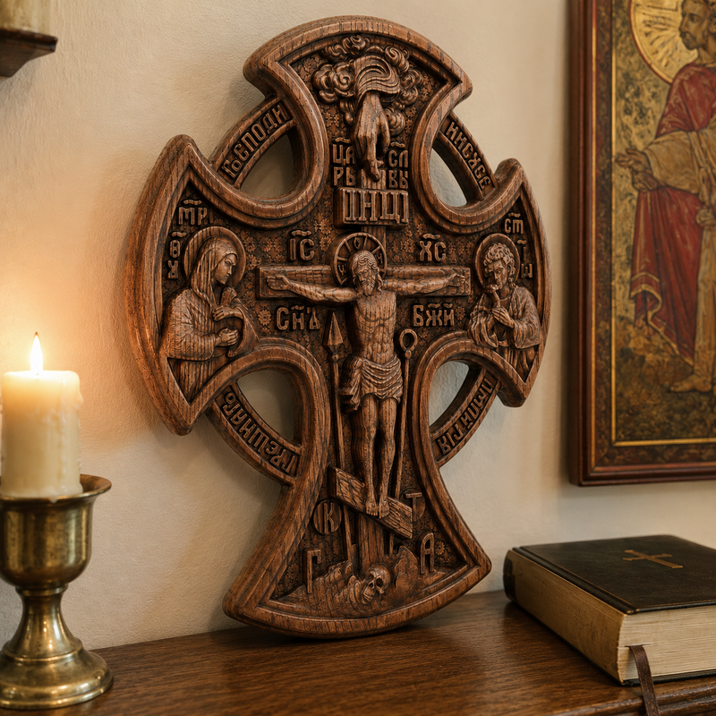 Wooden crucifix displayed in Christian home