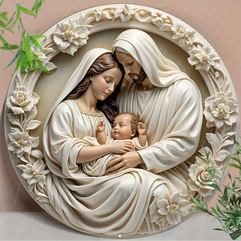 Christian Holy Family Relief Decorative Plaque - 8 Inch / 12 Inch Aluminum Waterproof Religious Wall Art (with Mounting Accessories)