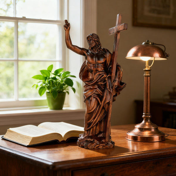 “He Is Risen” — Hand-Carved Boxwood Jesus Resurrection Statue | Symbol of Hope, Faith & New Life