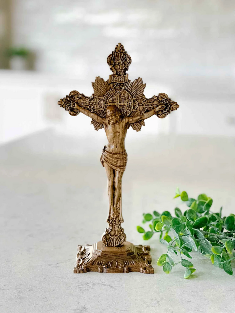 Wood carving of the Cross of the Order of Saint Benedict - with base