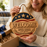 U.S. Founding 250th Anniversary Patriotic Wooden Welcome Door Sign: WELCOME · 1776–2026 · 250 YEARS OF FREEDOM