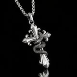 S925 Silver Serpent Cross Pendant Necklace with Green Gemstone