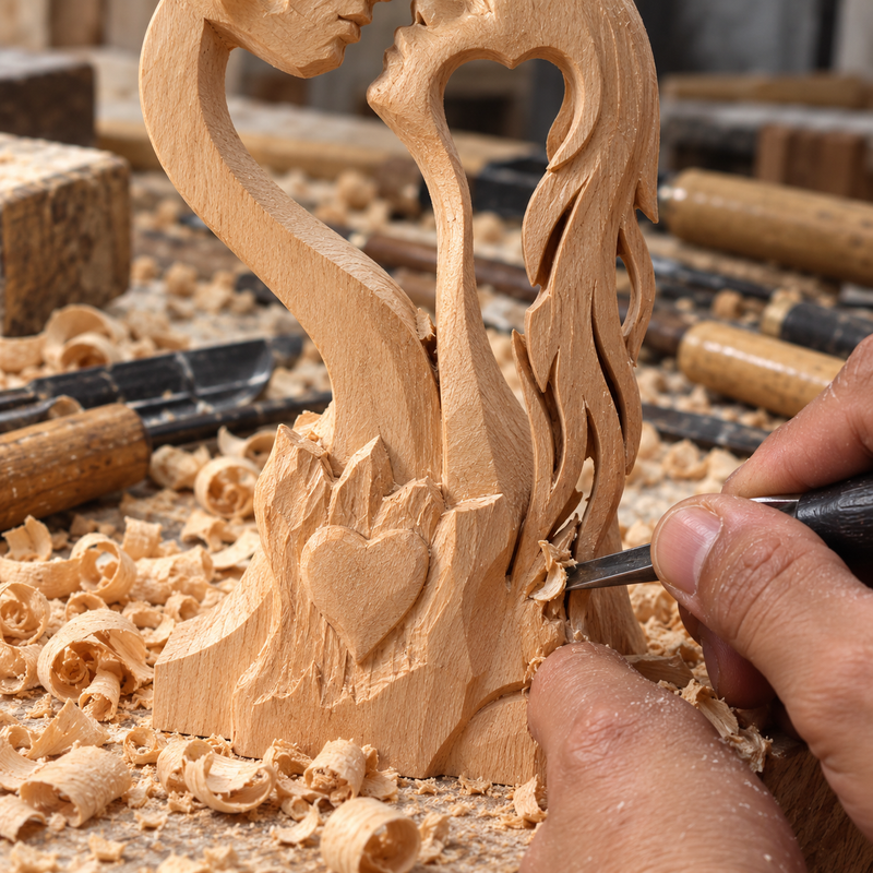 Close-up hand carving detail of Christian couple wooden sculpture