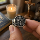 S925 Sliver Jesus Crucifixion St. Benedict Medal Ring