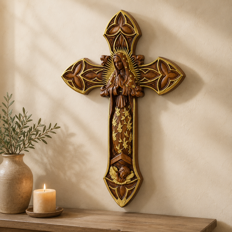 Natural wood vintage brown and gold accented Guadalupe crosses