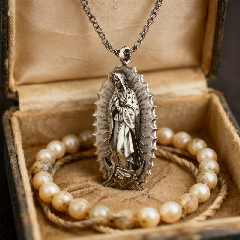 Sterling Silver Our Lady Of Guadalupe Pendant Necklace - Scallop Edge Religious Jewelry, 18" Chain