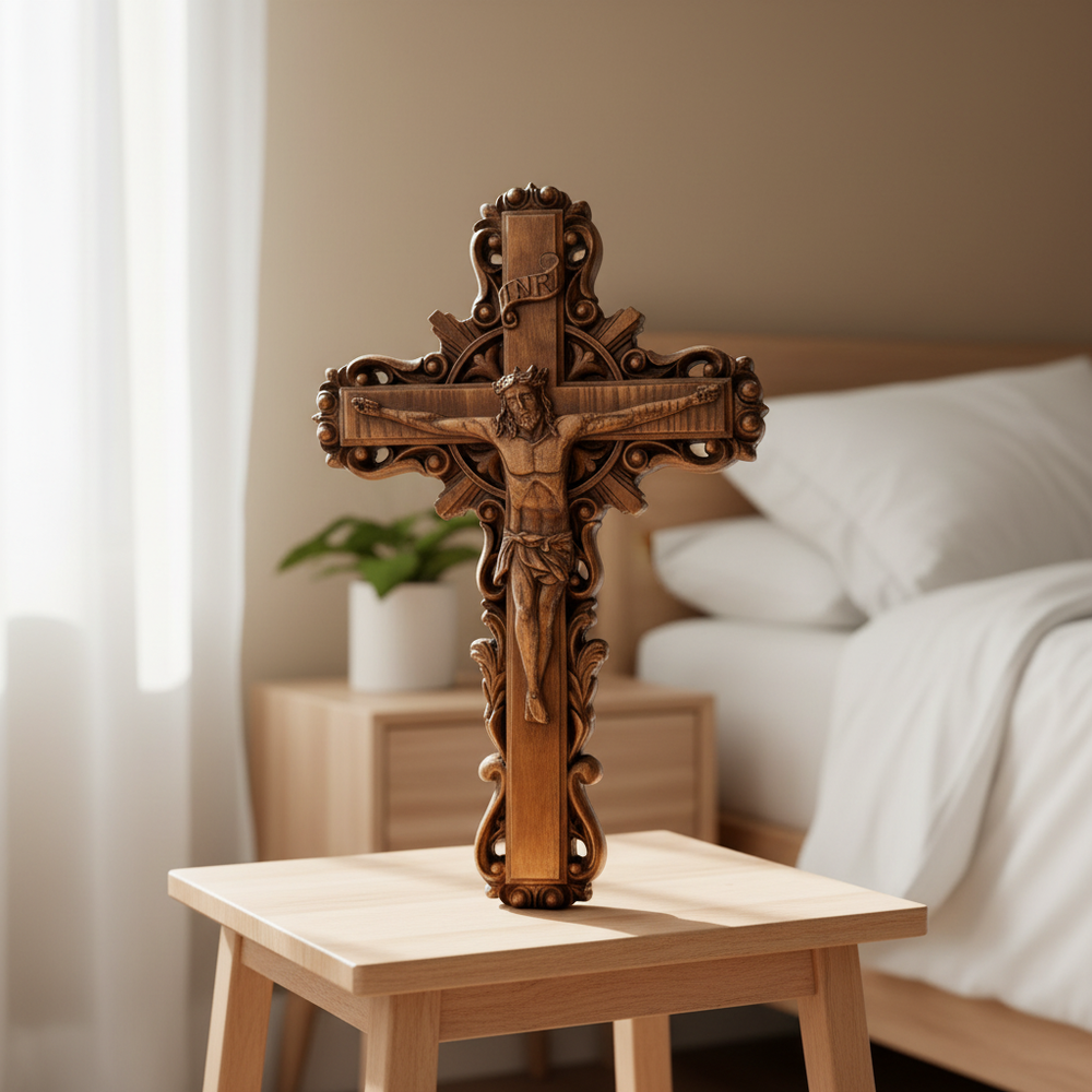 Hand-Carved White Ash Wood Cross - Sacred Christian Home Altar