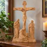 Hand-Carved Ash Wood Calvary Crucifix with Jesus, Mary, St. John & Mary Magdalene
