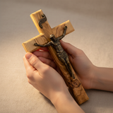 【Holy City Wood】Handcrafted Olive Wood Cross with Bronze Christ Statue A Devotional Companion for Prayer A Collectible Gift of Distinction
