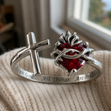 Sacred Heart of Jesus Thorn Flame Cross Adjustable Open Ring - product view