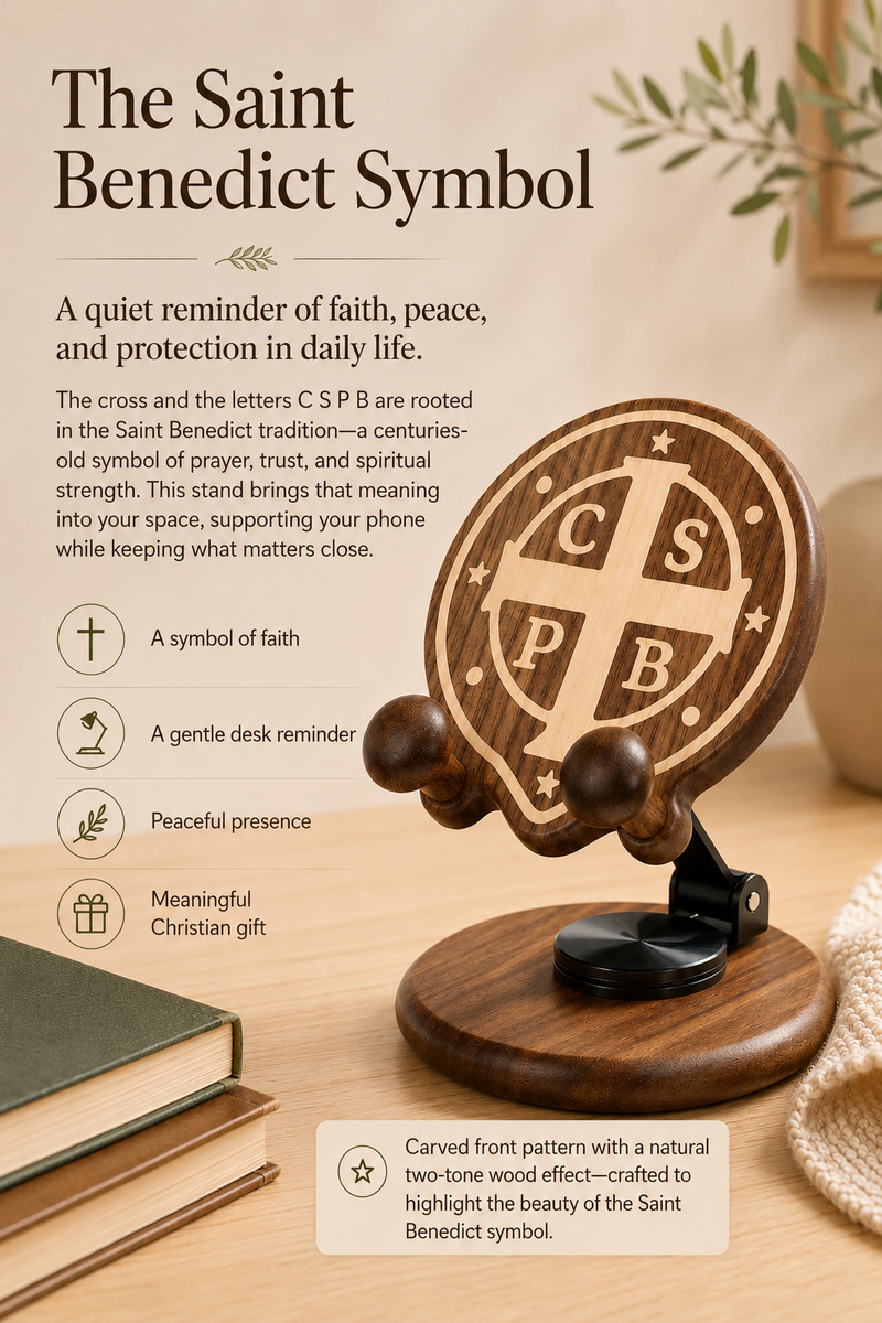 Saint Benedict cross symbol on black walnut phone stand
