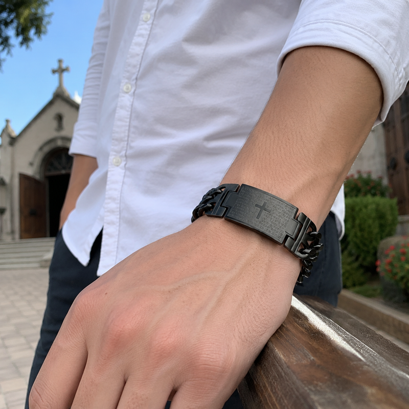 Black Christian prayer bracelet worn outside a church
