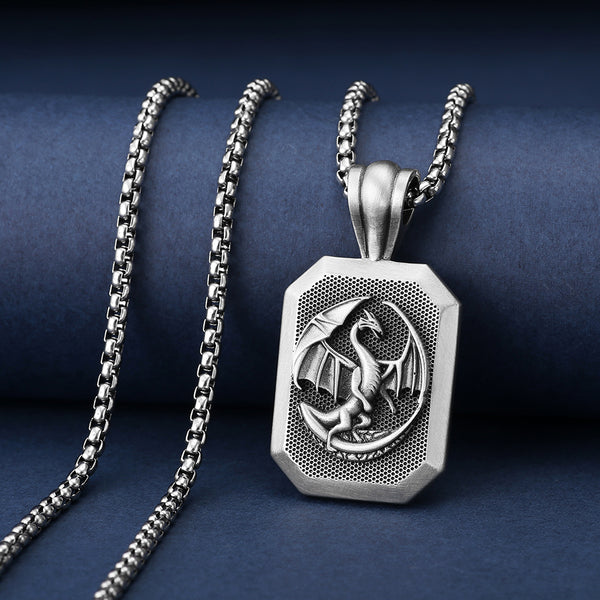 PURE TIN Medieval Winged Dragon Amulet Necklace