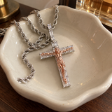 Artisan-Carved Copper Jesus Cross Pendant - Moissanite-Encrusted Hip Hop Religious Necklace
